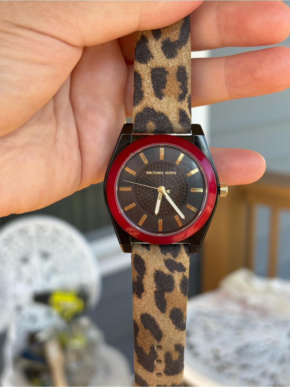 Michael Kors Leopard Print Suede Strap Watch with Red Bezel